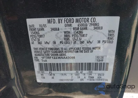 2006 Ford F-150 Stx/Xl/Xlt из США, поврежденный, VIN 1FTRF12236NA43088